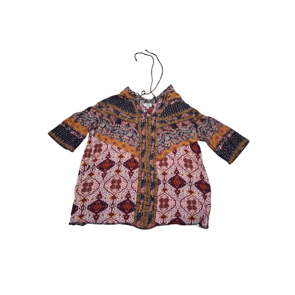 Umgee USA Womens Large Boho Mixed Paisley Geometric Print Ruffle Neck Blouse Top